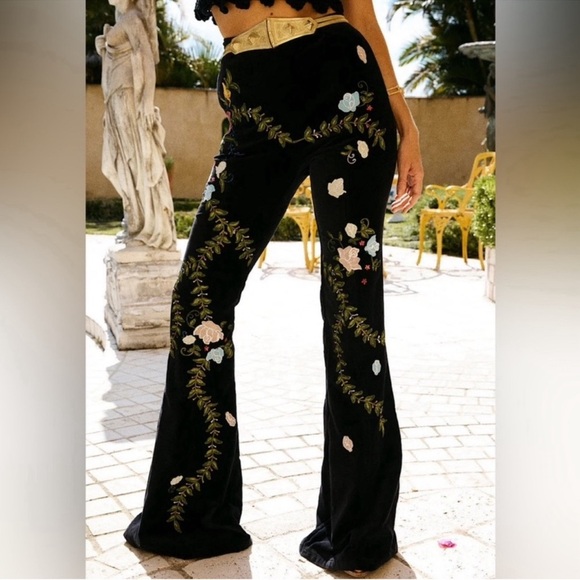 Chasing Unicorns Pants - 🌼 CU Burn it Down Floral Embroidered Black Velvet Pants